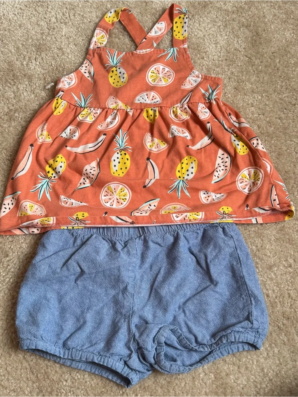 Carter's Coral Fruit-Print Sundress Top with Light Blue Shorts